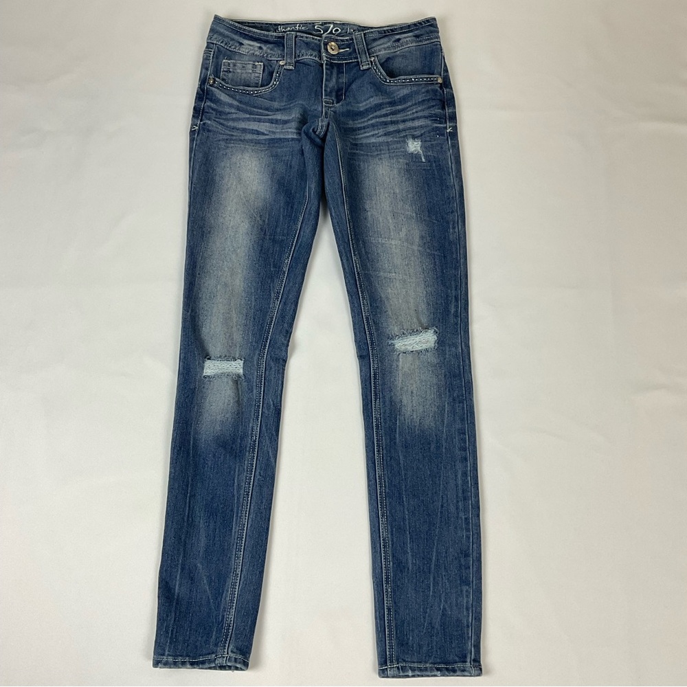 Authentic 579 Jeanswear Junior 5 low rise stretch distressed destroyed blue jean
